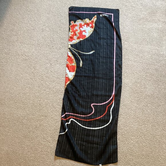 Gim Renoir Vintage Long Rectangle Neck Scarf Black Red Made in Italy Butterfly - Picture 2 of 5